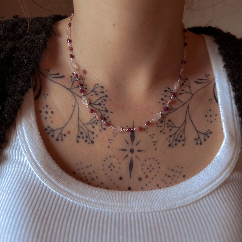 collana Atena - rubino, opale e quarzo rosa